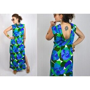 60s HAWAIIAN Floor Length Maxi Dress - Open Back Dress - Psychedelic - S - M